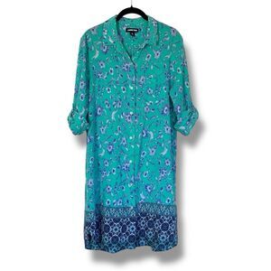 Lands End Women’s Button Cover Up Shirt Dress Roll Tab Sleeve Teal Floral M